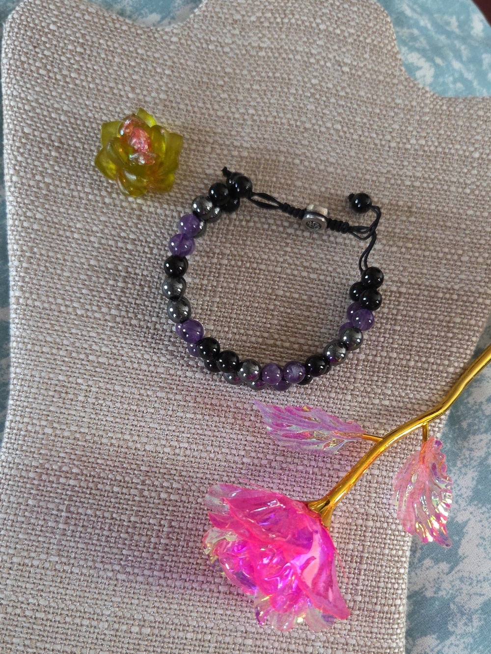 Black Obsidian Hematite & Amethyst Stone Adjustable Bracelet